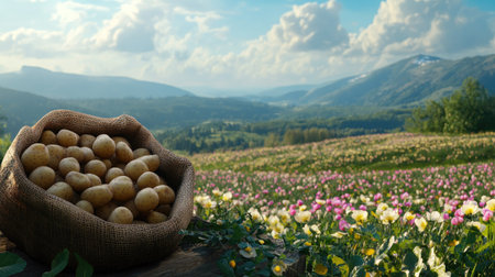 A picturesque scene showcasing freshly harvested potatoes in a rustic basket against a vibrant flowering landscape with mountains and blue sky.の素材