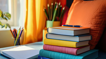A vibrant study space featuring stacked books, colorful pillows, stationery, and abundant natural light, ideal for reading and studying creatively.の素材