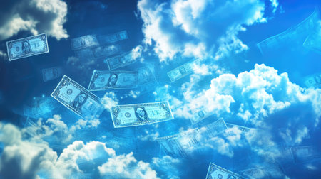 A captivating scene of floating currency notes amidst a bright blue sky and soft clouds, symbolizing financial potential and dreams of prosperity.の素材