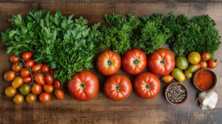 A vibrant display of heirloom tomatoes, fresh herbs, and spices arranged beautifully on a rustic wooden surface, perfect for food photography and culinary inspiration.の素材
