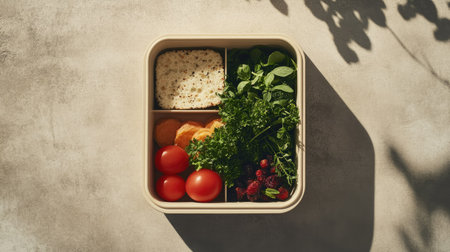 A visually appealing lunch box filled with vibrant cherry tomatoes, fresh greens, aromatic herbs, and rice, perfect for healthy meal prep or a nutritious lunch option.の素材