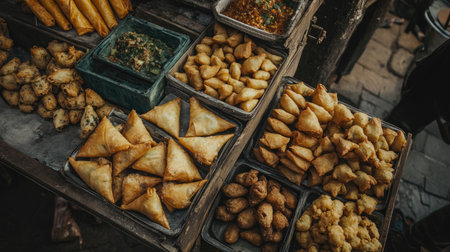 A vibrant selection of Indian street food items including samosas, pakoras, and more, beautifully arranged on a rustic wooden stall, perfect for food enthusiasts.の素材