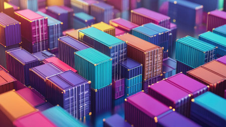 A stunning aerial view of vibrant shipping containers stacked in a freight yard. The colorful arrangement highlights the complexity of logistics and transportation in urban settings.の素材