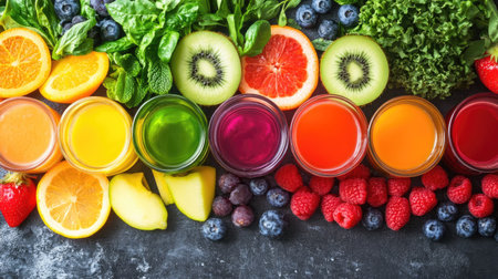 A vibrant display of fresh fruits and colorful juices, perfect for promoting healthiness and nutrition in lifestyle choices with organic ingredients and refreshing flavors.の素材
