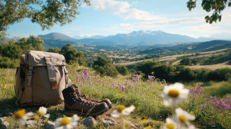 A pair of hiking boots rests beside a backpack on a grassy field, framed by vibrant wildflowers and a breathtaking mountain landscape. Perfect for adventure lovers!の素材