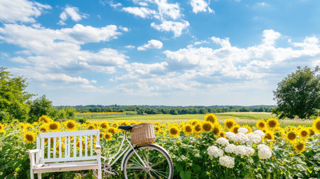 A beautiful summer landscape featuring sunflowers, a vintage bicycle, and a charming bench under a bright blue sky, perfect for relaxation and exploration.の素材