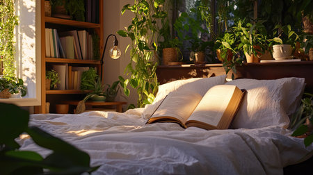 A serene bedroom scene featuring an open book resting on soft bedding, surrounded by indoor plants, bathed in warm natural light, creating a cozy reading nook.の素材