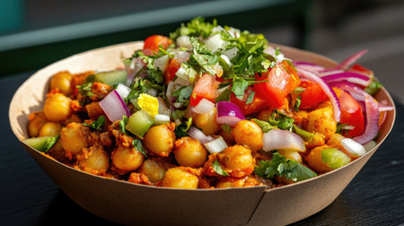 A vibrant bowl of Indian street food featuring spiced chickpeas, fresh vegetables, and herbs. Perfect for showcasing colorful, flavorful vegetarian cuisine.の素材