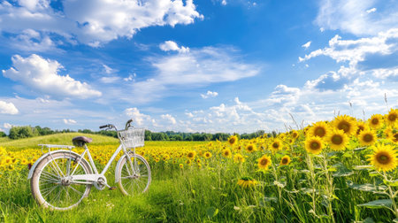 A serene scene featuring a white bicycle beside a vibrant sunflower field under a bright blue sky with fluffy clouds, perfect for evoking feelings of peace and joy.の素材