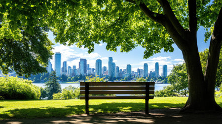 This image captures a serene park scene featuring a bench under lush trees, providing a beautiful view of an urban skyline and water, perfect for relaxation.の素材
