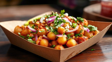 Delight in this vibrant Indian snack featuring a mix of spices, vegetables, and fresh herbs. Perfect for sharing or enjoying solo, this dish offers a burst of flavor.の素材