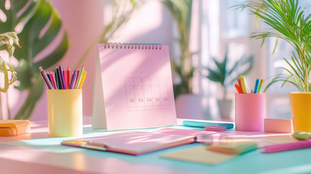 A vibrant and organized workspace featuring colorful stationery and a calendar. Ideal for promoting creativity and productivity in a bright atmosphere.の素材