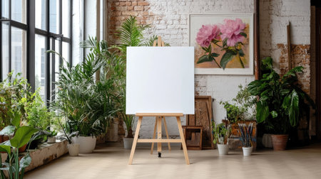 An inviting art studio featuring a blank canvas on an easel surrounded by lush indoor plants and natural light, perfect for creative inspiration and relaxation.の素材