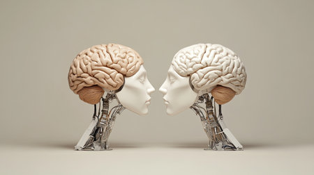 This striking image features two human-like robot heads with detailed brains, symbolizing the intersection of technology and creativity in a minimalist setting.の素材