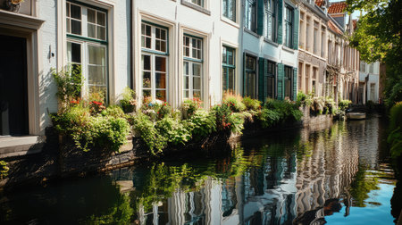 A picturesque canal scene showcasing charming historic buildings adorned with vibrant flowers. The serene water reflects the beauty of nature and architecture.の素材