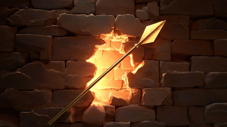 A striking image of a golden spear protruding from a crumbling stone wall, illuminated by soft light, creating a dramatic and mysterious atmosphere perfect for various creative projects.の素材