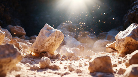 A stunning view of rocks illuminated by sunlight, creating a beautiful scene with dust particles dancing in the air. Ideal for nature and geology themes.の素材