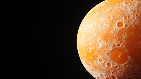 Discover a mesmerizing close-up view of an orange planet's surface showcasing unique craters and textures in a stunning cosmic backdrop.の素材