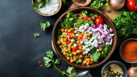 A vibrant and healthy chickpea salad featuring fresh vegetables, herbs, and spices, perfect for a nutritious meal or side dish. Colorful and delicious.の素材