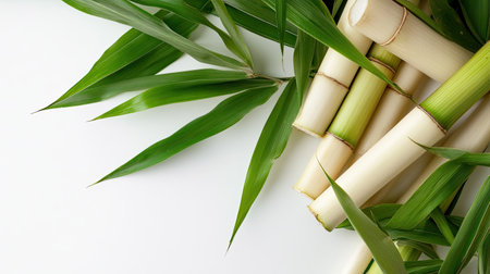 A visually appealing composition of fresh bamboo stalks alongside vibrant green leaves, set against a clean white background. Perfect for nature-themed designs.の素材
