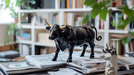 A striking black bull statue stands proudly on a cluttered office desk adorned with financial documents. This symbol of prosperity adds a modern touch to any workspace.の素材