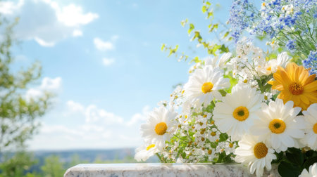 A stunning floral arrangement featuring daisies and bright blooms, set against a tranquil blue sky. This image captures the essence of spring happiness and natural beauty.の素材