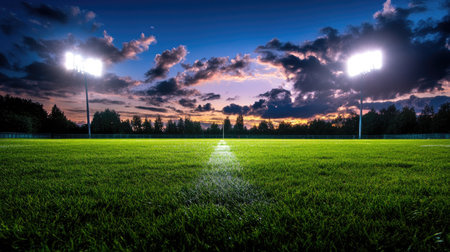 A serene football field under a vibrant evening sky, illuminated by bright lights. The lush green grass contrasts beautifully with the colorful clouds at dusk.の素材