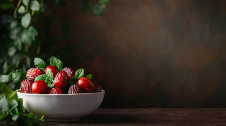 A captivating image of fresh red berries garnished with mint leaves in a white bowl, perfect for highlighting healthy choices and rustic cuisine.の素材