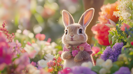 A charming rabbit surrounded by a vibrant array of flowers in a sunny garden. This delightful scene captures the essence of spring with lively colors and a joyful atmosphere. Perfect for nature lovers.の素材