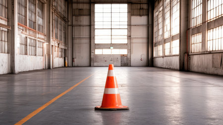 An empty industrial warehouse features a prominently placed traffic cone on the concrete floor. Soft sunlight streams through the large windows, creating a minimalist and spacious ambiance suitable for various uses.の素材