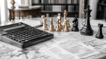A thoughtful arrangement of a chess game and a calculator represents the blend of strategic thinking and financial analysis in a modern workspace. Perfect for themes of business, strategy, and intellectual pursuits.の素材