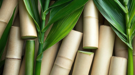 This image showcases vibrant bamboo stems and lush green leaves, creating a serene natural arrangement. Perfect for eco-themed designs and decorations.の素材