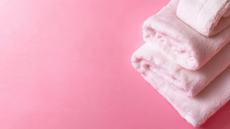 A serene arrangement of soft pink towels stacked neatly on a light pink background. Ideal for themes of relaxation, wellness, and home aesthetics.の素材