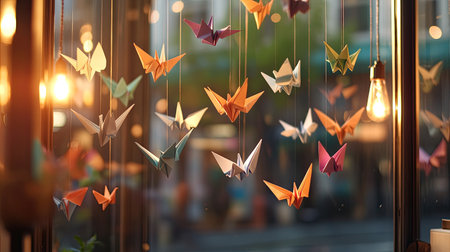 Vibrant paper cranes hang gracefully in a cafe window, illuminated by the warm glow of lights. This serene scene captures artistry and tranquility in a cozy environment.の素材