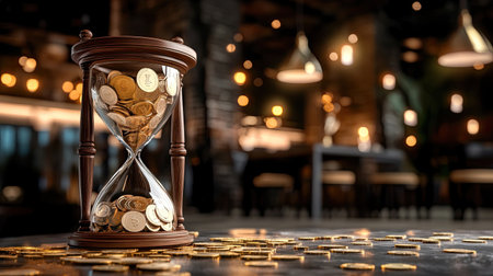 A stunning hourglass filled with coins rests elegantly on a table amidst a warm, inviting restaurant ambiance. This image symbolizes time, wealth, and opportunity.の素材