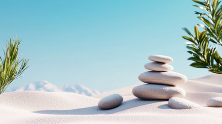 A serene zen garden scene featuring a balanced arrangement of smooth stones and lush greenery, set against a clear blue sky. Ideal for relaxation and mindfulness.の素材