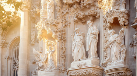 Captivating stone carvings depicting angels and saints in soft, warm light. This image showcases intricate details of religious artistry on an architectural facade.の素材