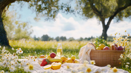 Enjoy a vibrant picnic scene featuring fresh fruits laid out on a soft blanket in a sunny meadow. The serene atmosphere invites relaxation in nature.の素材