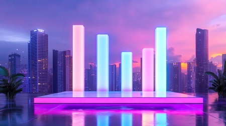 A stunning urban skyline showcases glowing data visualization bars, creating a vibrant, modern atmosphere. Perfect for themes of technology and business growth.の素材