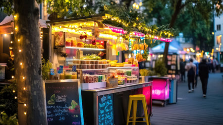 A lively street food market stall illuminated with vibrant lights offers a variety of fresh snacks and produce, creating a delightful evening atmosphere for visitors.の素材