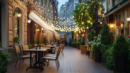 A serene evening at a charming outdoor cafe, featuring decorative string lights, inviting atmosphere, urban greenery, and cozy seating. Perfect for relaxation.の素材