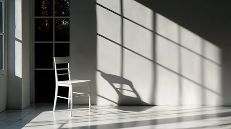 A minimalist scene showcasing a white chair casting shadows on a bright wall. The interplay of light and shadow creates a tranquil ambiance, perfect for a modern aesthetic.の素材
