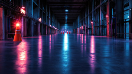 This image captures a futuristic industrial warehouse illuminated with neon lights, showcasing an empty space with shiny reflections. The ambiance creates a vibrant, modern atmosphere, emphasizing symmetry and design.の素材