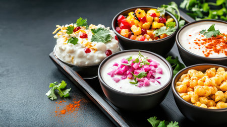 Explore a vibrant arrangement of fresh dips in bowls garnished with herbs and spices. Perfect for enhancing meals, snacks, or gatherings with color and flavor.の素材
