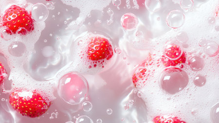 An enticing close-up of fresh strawberries surrounded by bubbles in pink water, creating a vibrant and refreshing scene perfect for food and drink themes.の素材