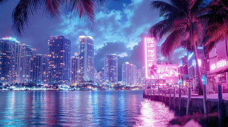 A stunning night cityscape featuring vibrant neon lights reflecting on calm water. Palm trees frame the view, creating a serene atmosphere in this urban paradise.の素材