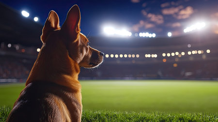 A charming dog sits attentively on the grass, watching a nighttime sports event in a bustling stadium, surrounded by bright lights and an electric atmosphere.の素材