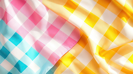 A vibrant and colorful fabric showcasing a checkered pattern featuring pink, yellow, and blue hues. The smooth texture and soft drape create an inviting visual appeal for various design projects.の素材