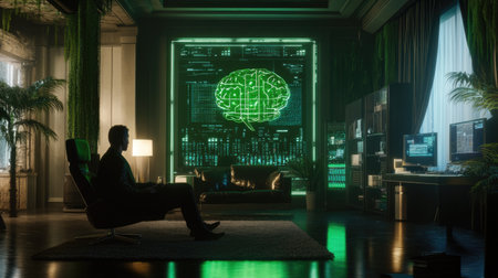 A sleek modern interior featuring a silhouette of a person relaxing. The room is illuminated by a neon brain representation, symbolizing artificial intelligence.の素材