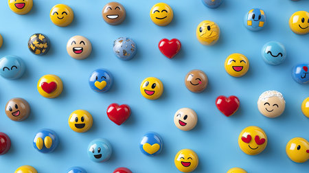 An array of vibrant emoji buttons on a soothing blue background, showcasing various expressions and symbols of joy. Perfect for creative projects!の素材